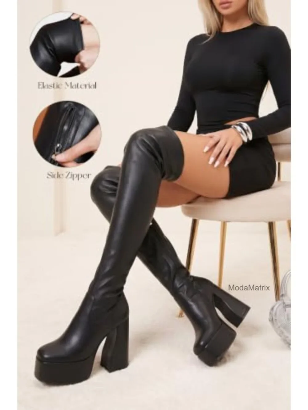 Platform Thigh High Boots Stretch PU Leather Chunky Block Heels Over Knee
